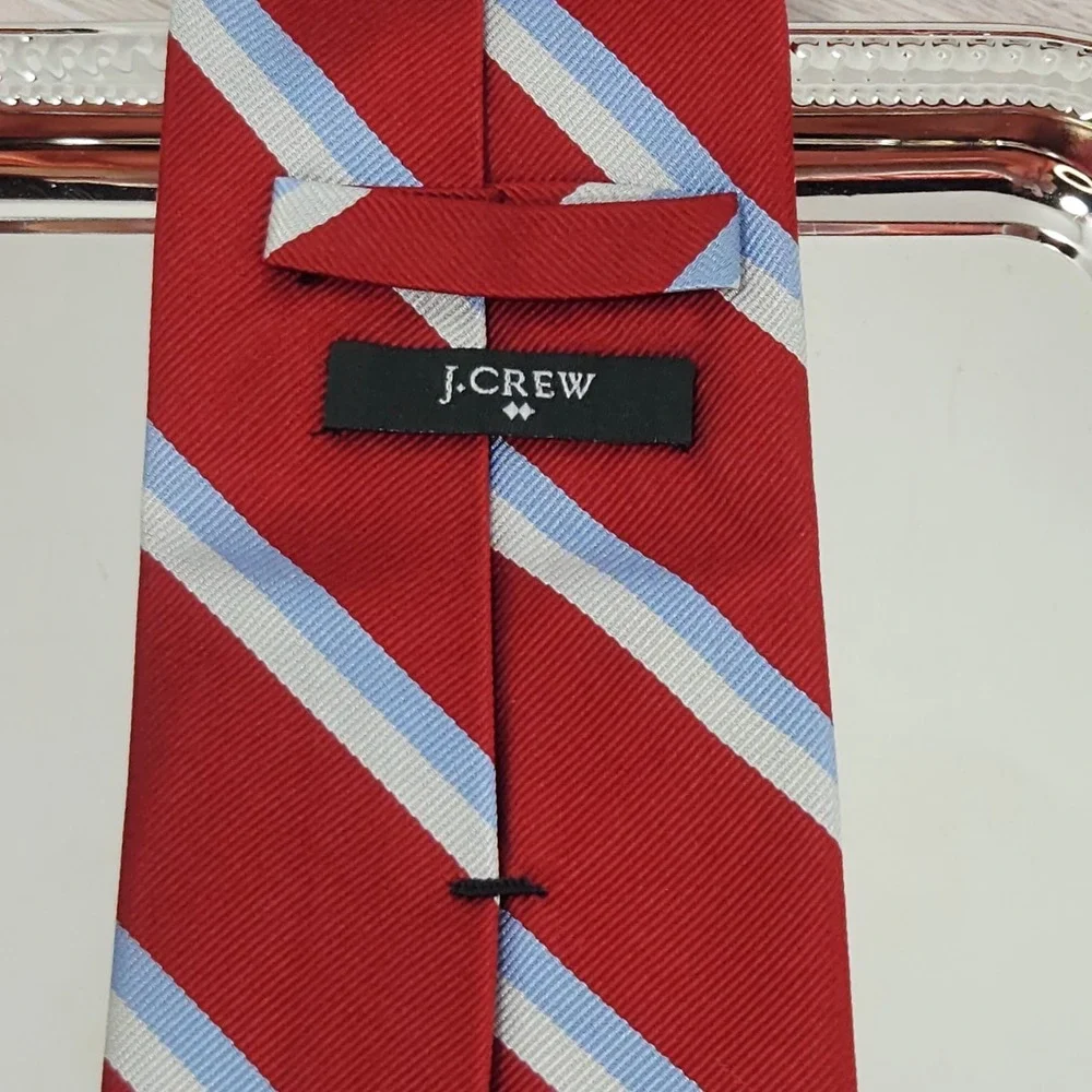 J. Crew Repp Tie Red, White & Powder Blue Stripe 100% Silk Necktie 60